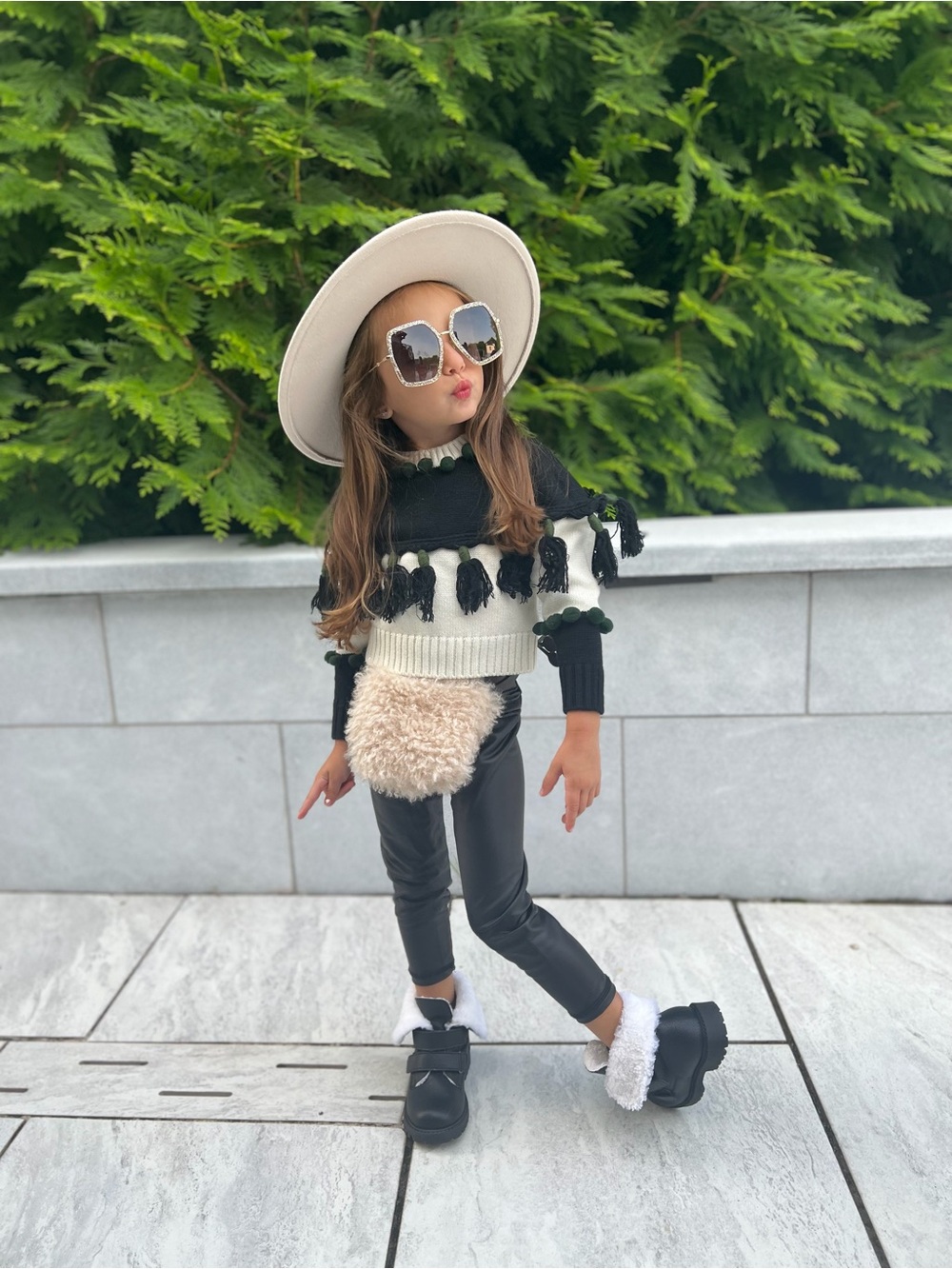 MonnaLisa Black, Cream & Green Pom-Pom Trim Crewneck Sweater